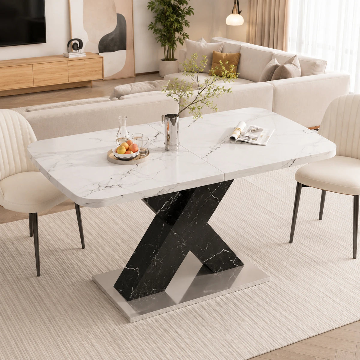 Table Extensible Noah 120(160) cm, Marbre Blanc avec Pieds Croisés