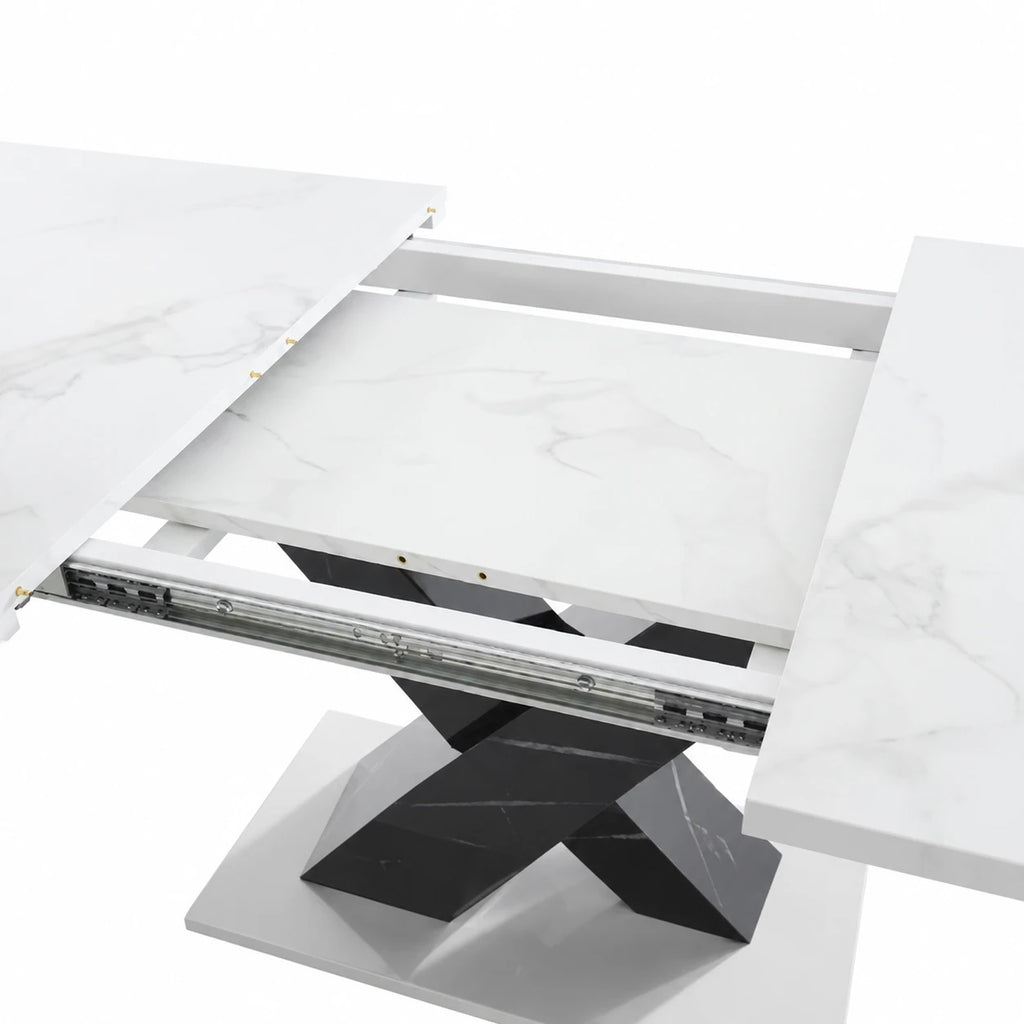 Table Extensible Noah 120(160) cm, Marbre Blanc avec Pieds Croisés