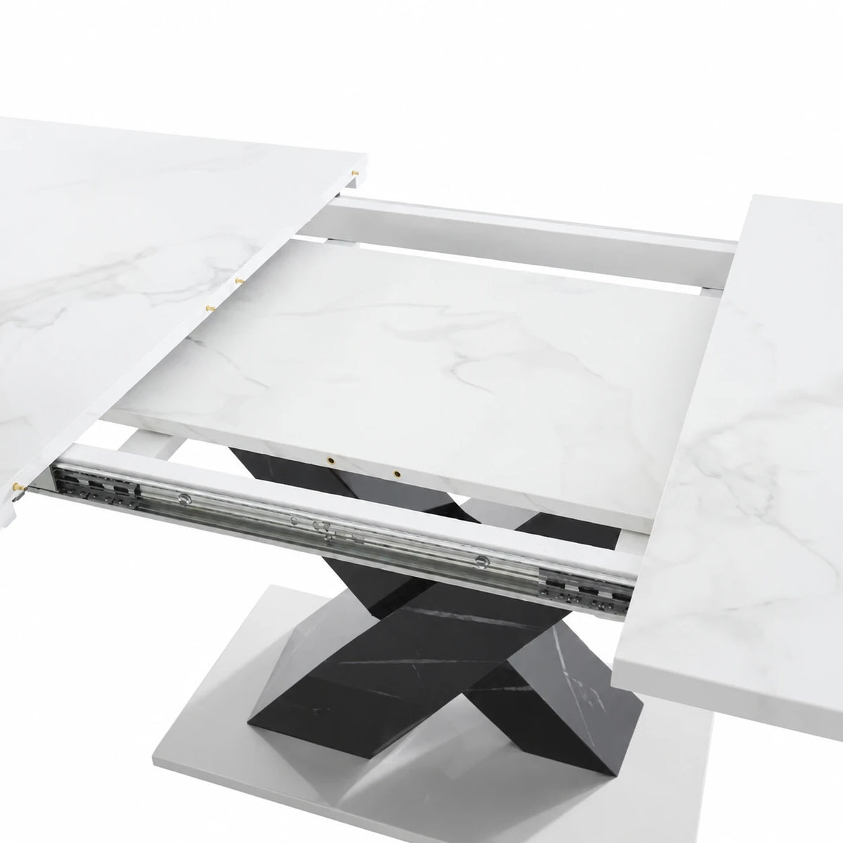 Table Extensible Noah 120(160) cm, Marbre Blanc avec Pieds Croisés