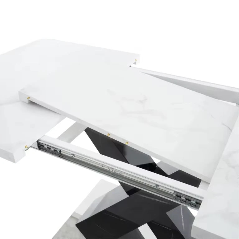 Table Extensible Noah 120(160) cm, Marbre Blanc avec Pieds Croisés