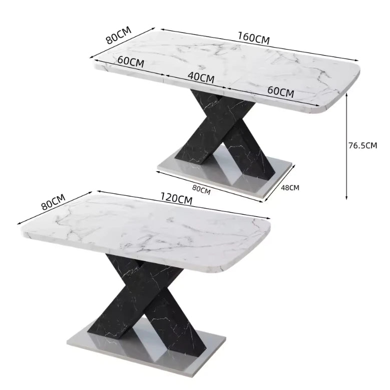 Table Extensible Noah 120(160) cm, Marbre Blanc avec Pieds Croisés