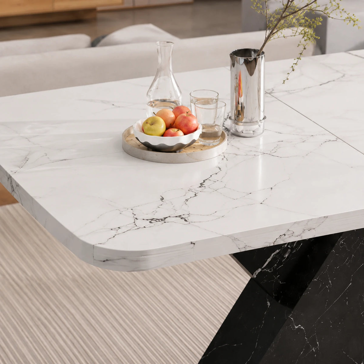 Table Extensible Noah 120(160) cm, Marbre Blanc avec Pieds Croisés