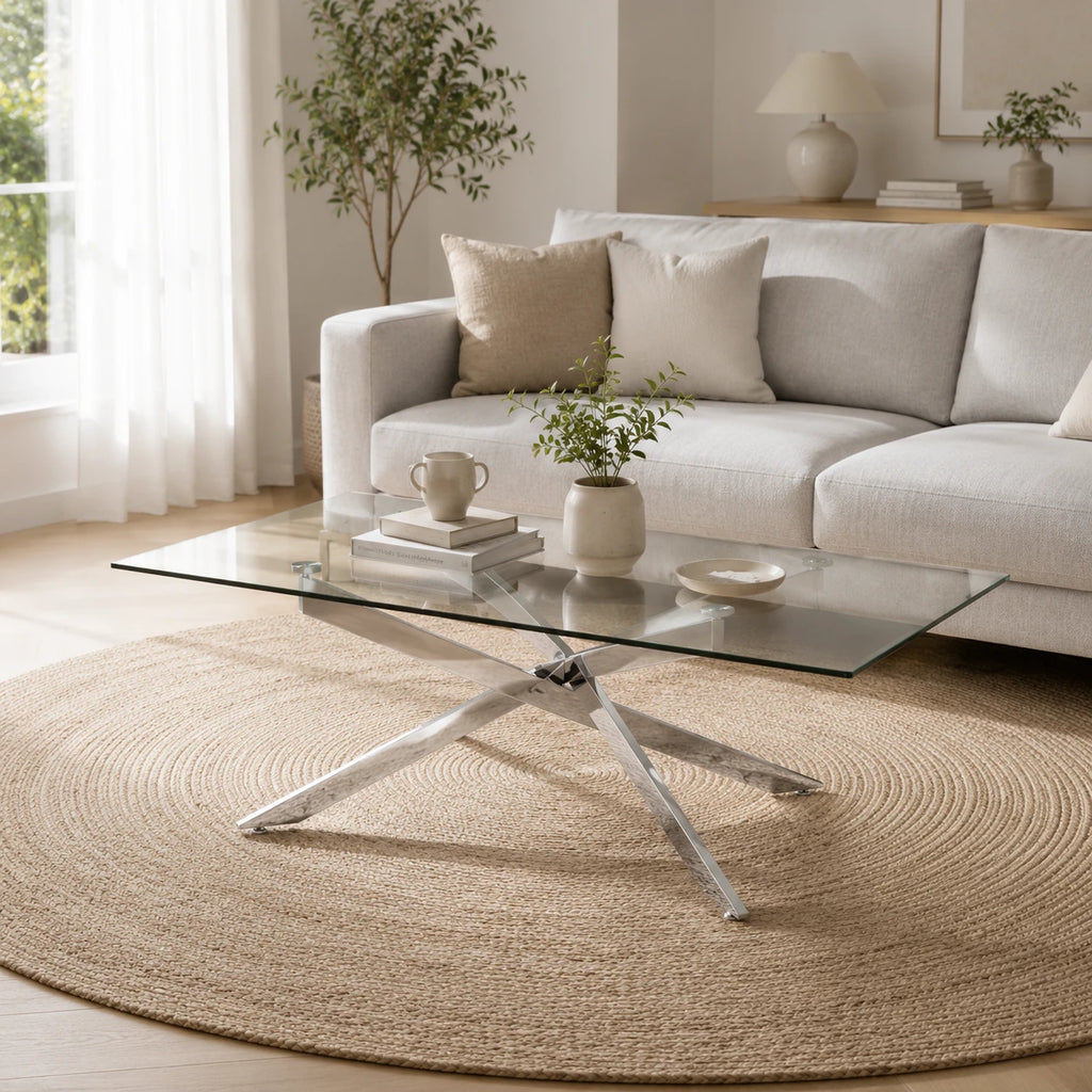Table Basse Victor 120x60 cm, Verre Trempé avec Pieds Argentés
