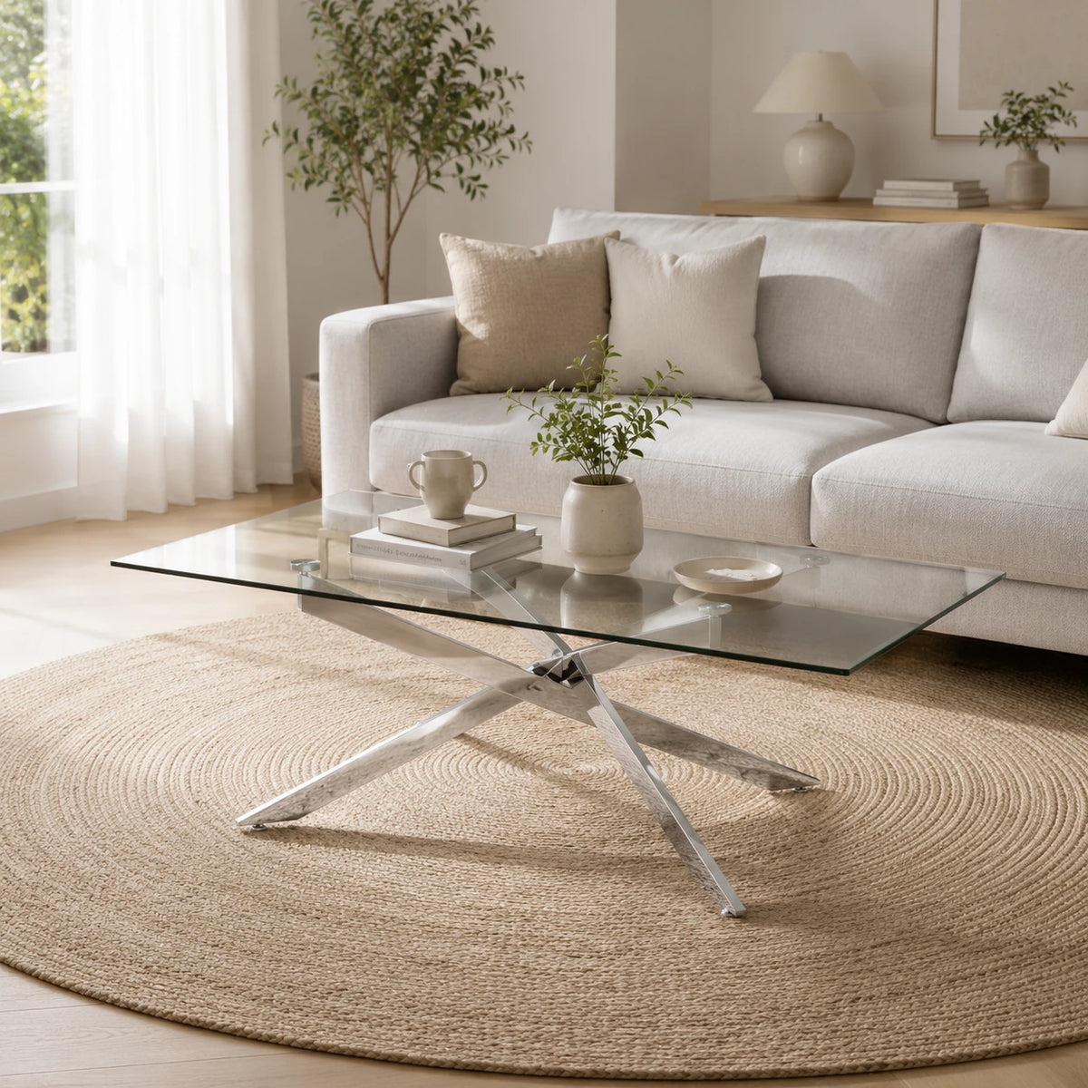 Table Basse Victor 120x60 cm, Verre Trempé avec Pieds Argentés