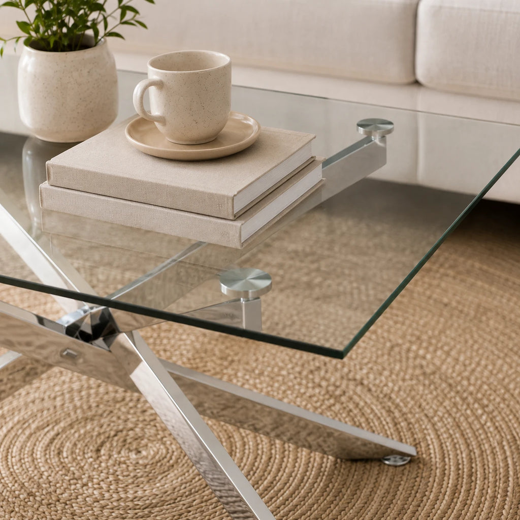 Table Basse Victor 120x60 cm, Verre Trempé avec Pieds Argentés