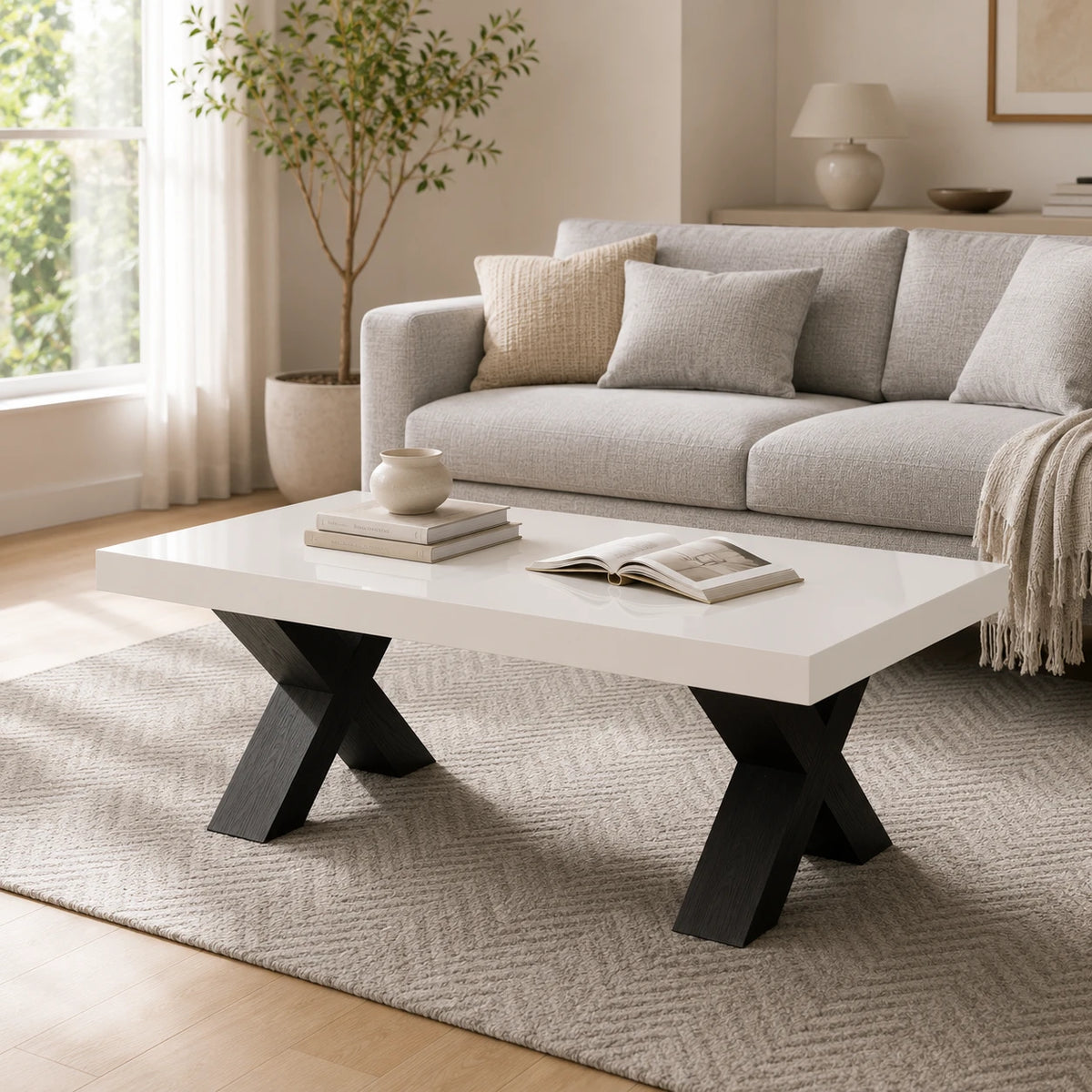 Table Basse Eva 100x50 cm, Blanc et Noir avec Pieds Croisés