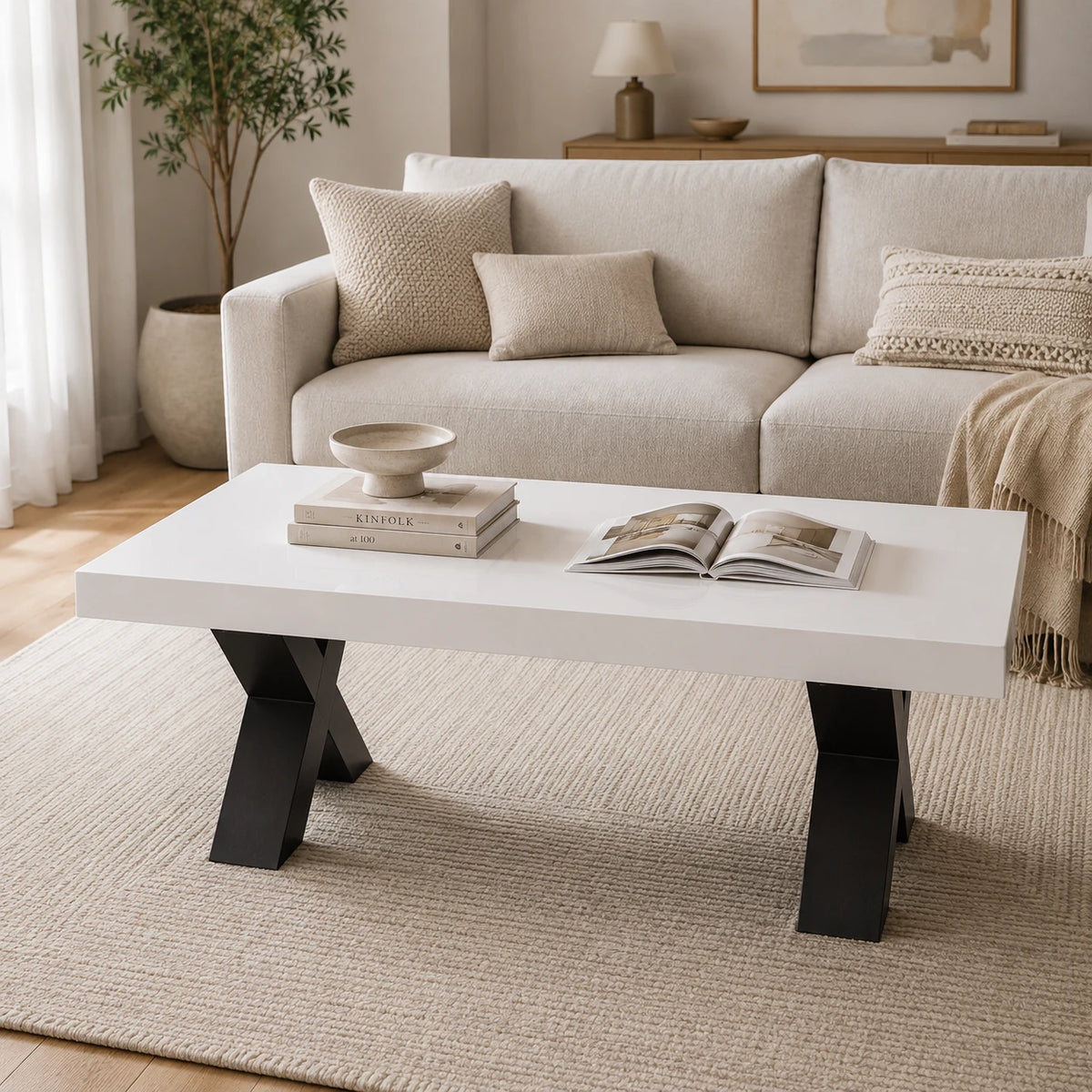 Table Basse Eva 100x50 cm, Blanc et Noir avec Pieds Croisés