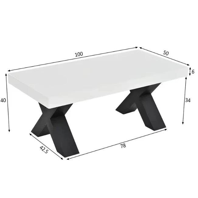 Table Basse Eva 100x50 cm, Blanc et Noir avec Pieds Croisés