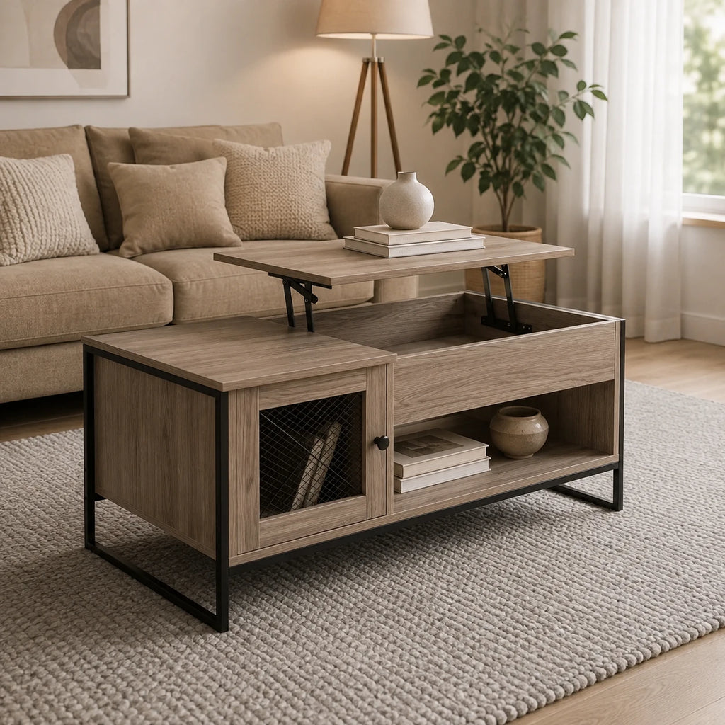 Table Basse Relevable Sacha 107 cm, Gris avec Rangement Caché