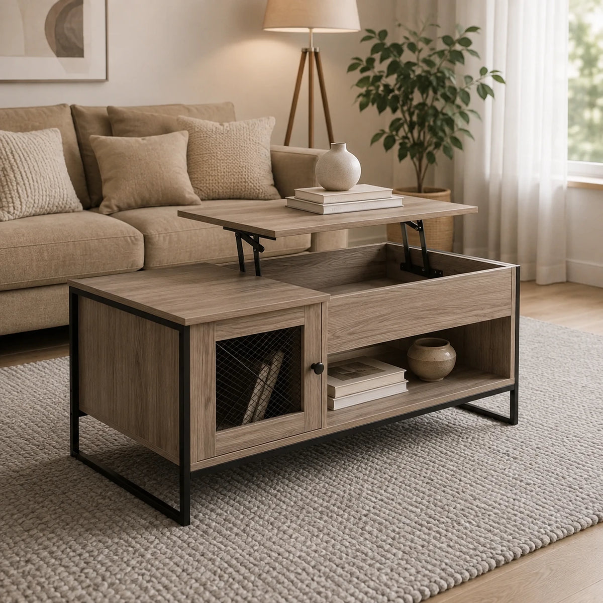 Table Basse Relevable Sacha 107 cm, Gris avec Rangement Caché