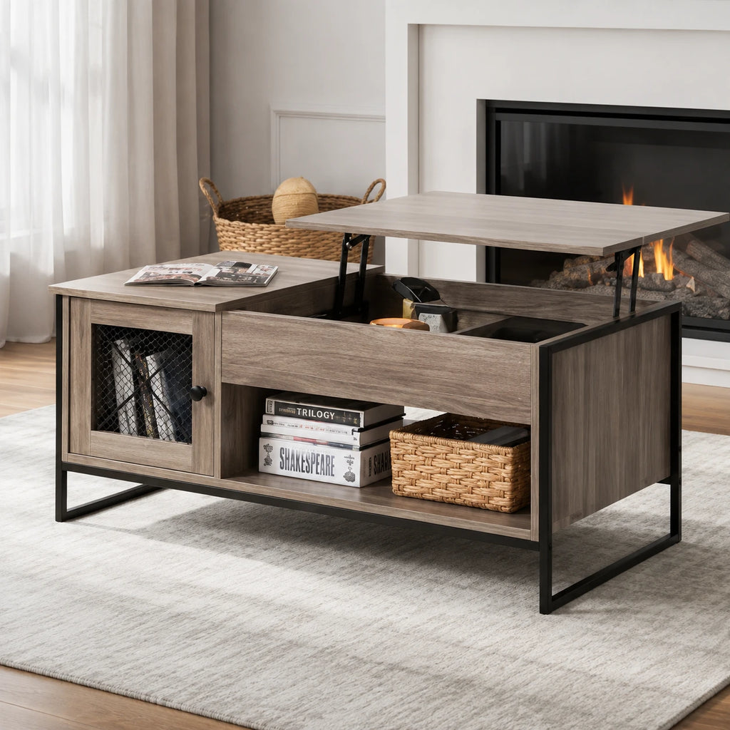 Table Basse Relevable Sacha 107 cm, Gris avec Rangement Caché
