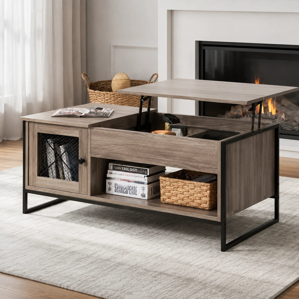 Table Basse Relevable Sacha 107 cm, Gris avec Rangement Caché