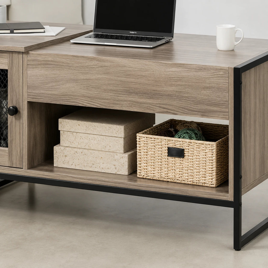 Table Basse Relevable Sacha 107 cm, Gris avec Rangement Caché