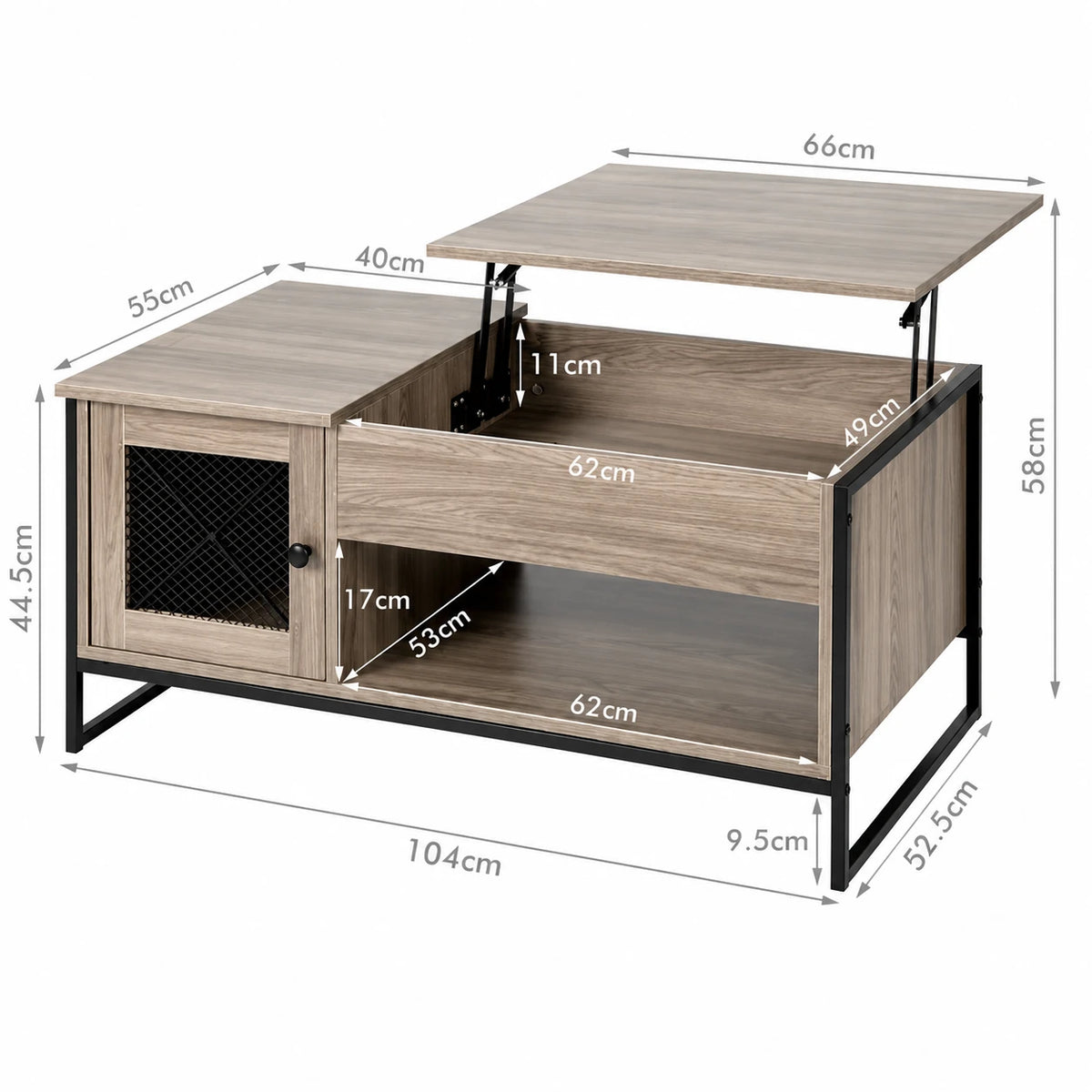 Table Basse Relevable Sacha 107 cm, Gris avec Rangement Caché