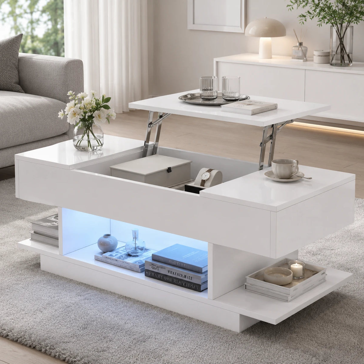 Table Basse Relevable Lina 98x45 cm, Blanc avec Éclairage LED