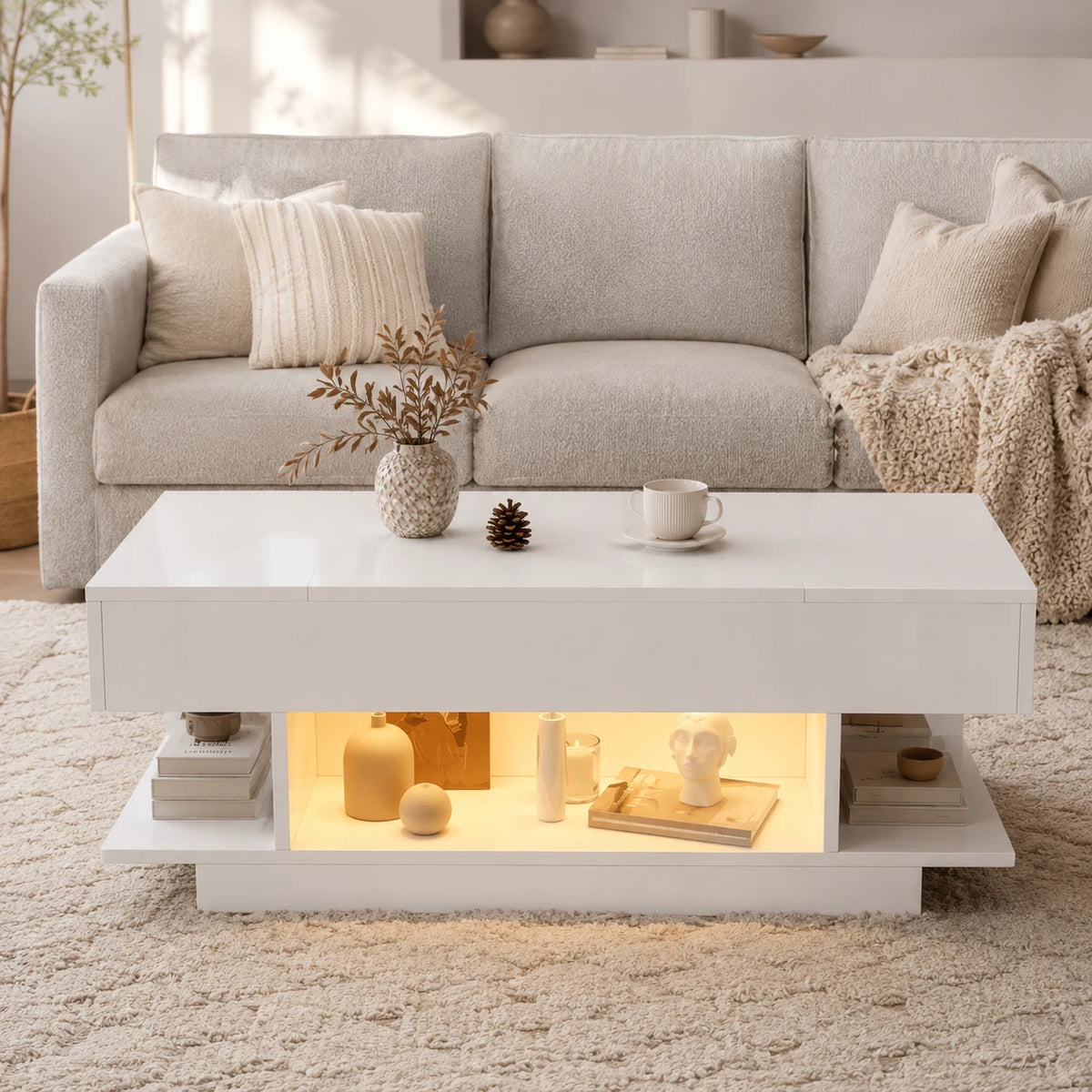 Table Basse Relevable Lina 98x45 cm, Blanc avec Éclairage LED