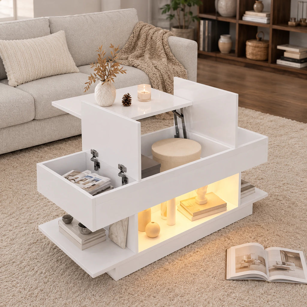 Table Basse Relevable Lina 98x45 cm, Blanc avec Éclairage LED
