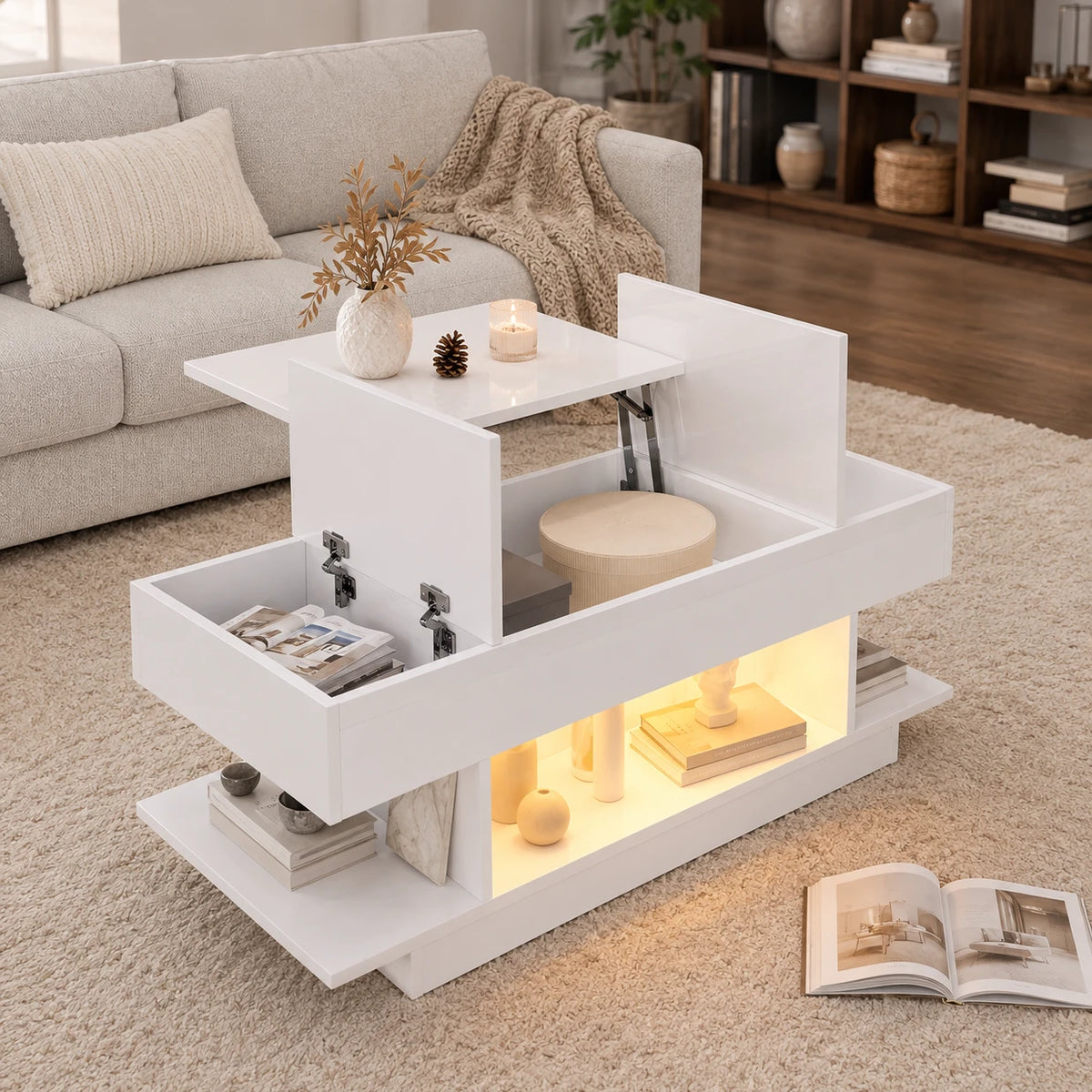 Table Basse Relevable Lina 98x45 cm, Blanc avec Éclairage LED