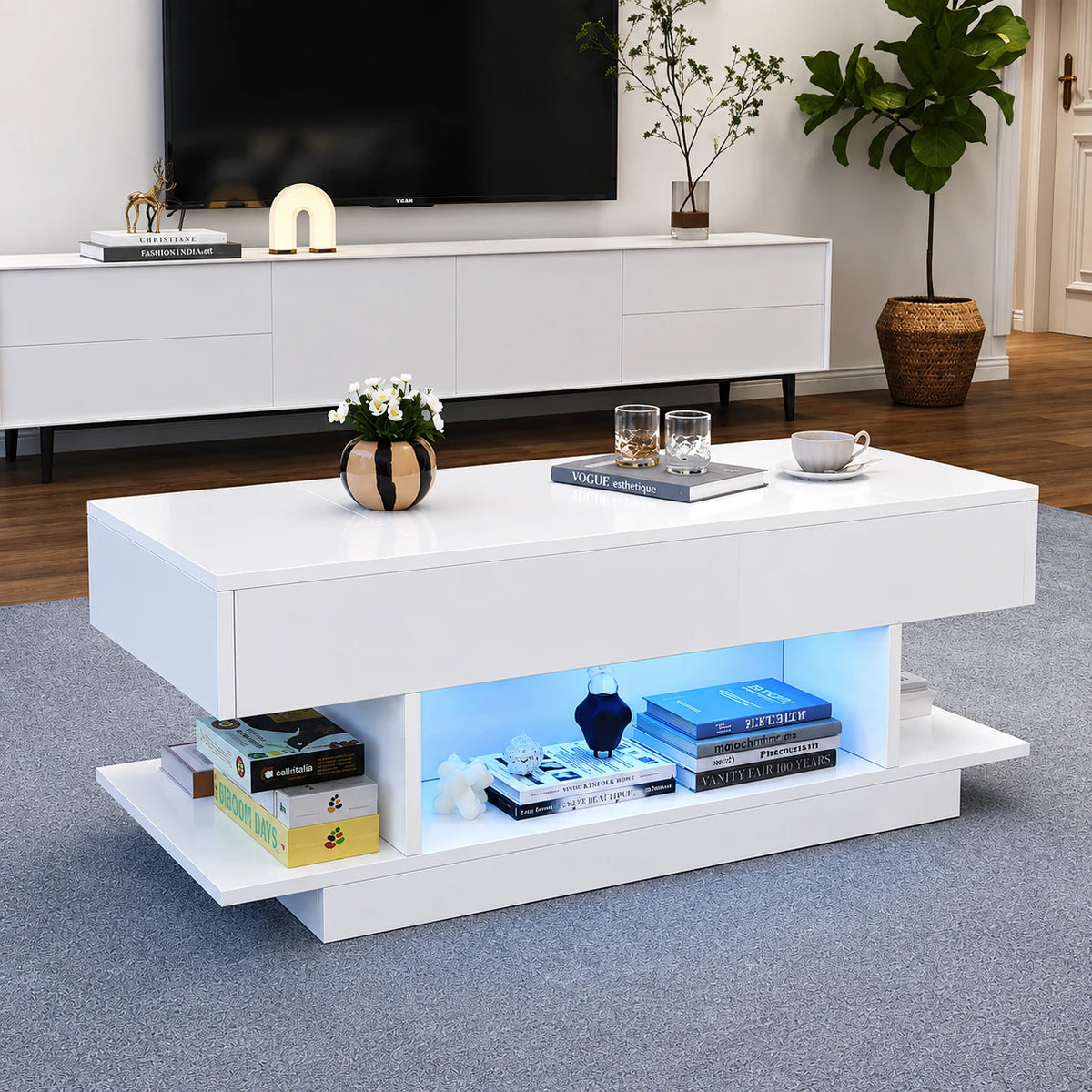 Table Basse Relevable Lina 98x45 cm, Blanc avec Éclairage LED