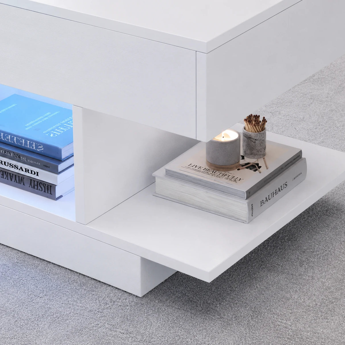 Table Basse Relevable Lina 98x45 cm, Blanc avec Éclairage LED