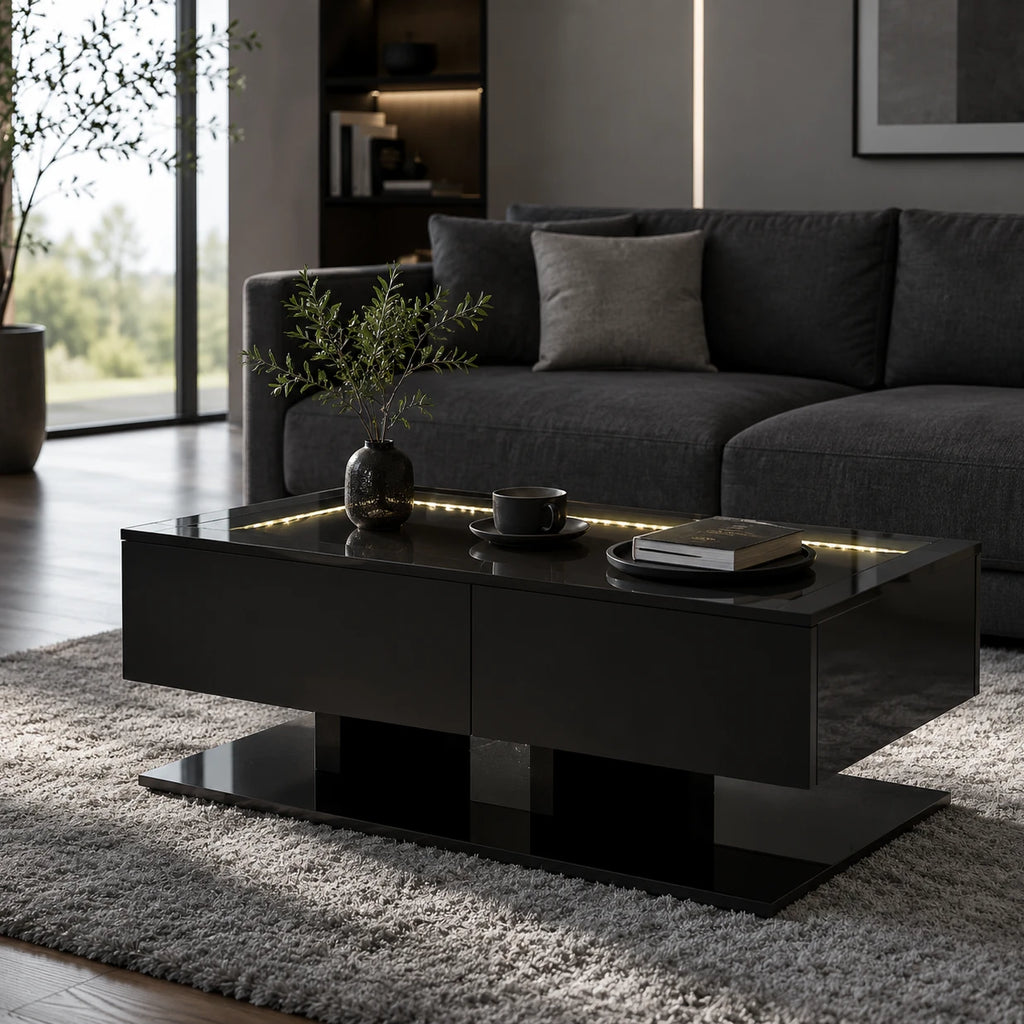 Table Basse Maël 100x50 cm, Noir avec Tiroirs et Éclairage LED