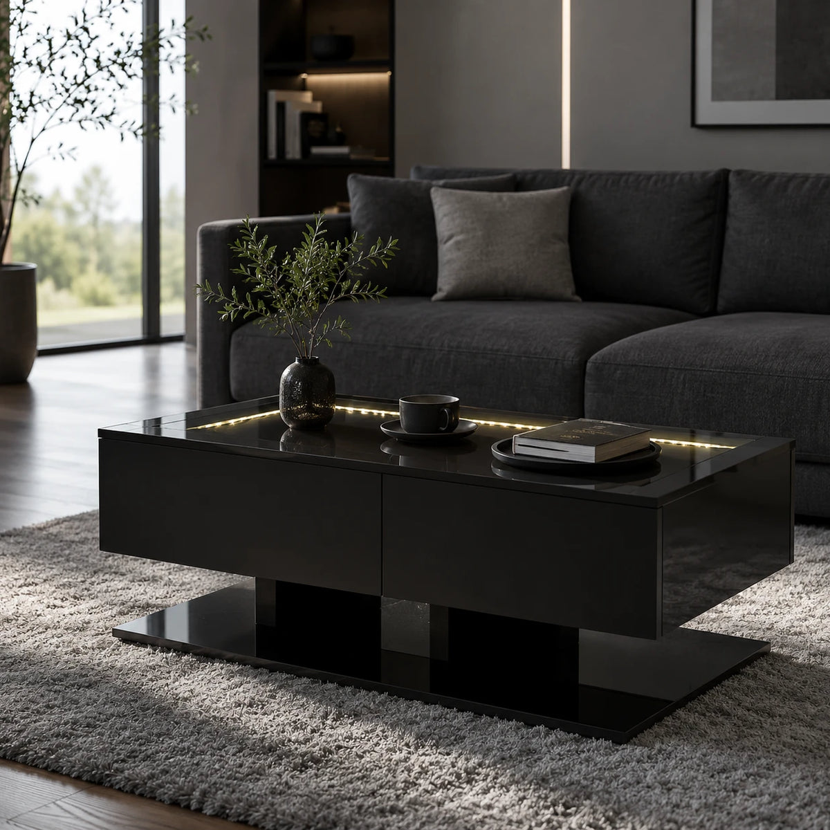 Table Basse Maël 100x50 cm, Noir avec Tiroirs et Éclairage LED
