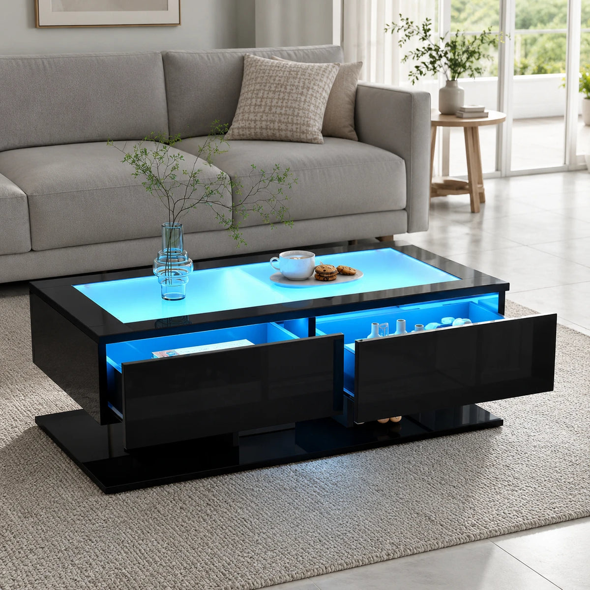 Table Basse Maël 100x50 cm, Noir avec Tiroirs et Éclairage LED