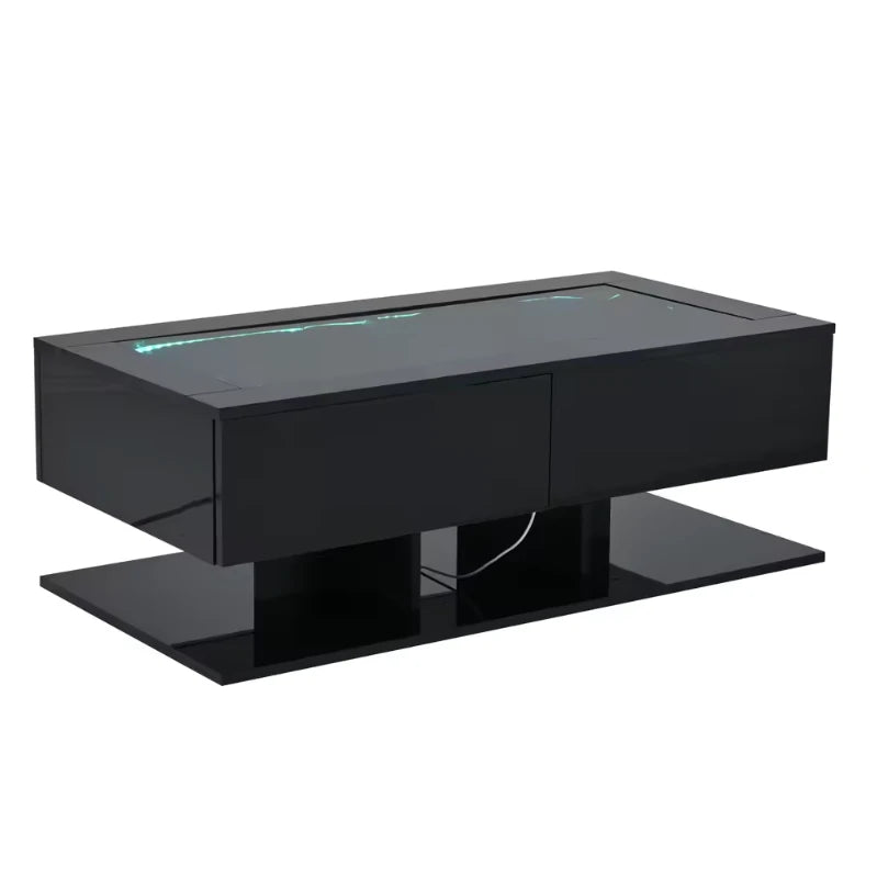 Table Basse Maël 100x50 cm, Noir avec Tiroirs et Éclairage LED