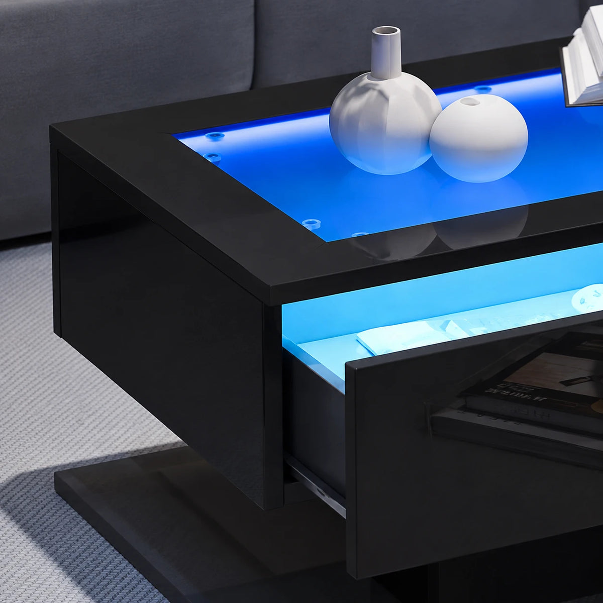 Table Basse Maël 100x50 cm, Noir avec Tiroirs et Éclairage LED